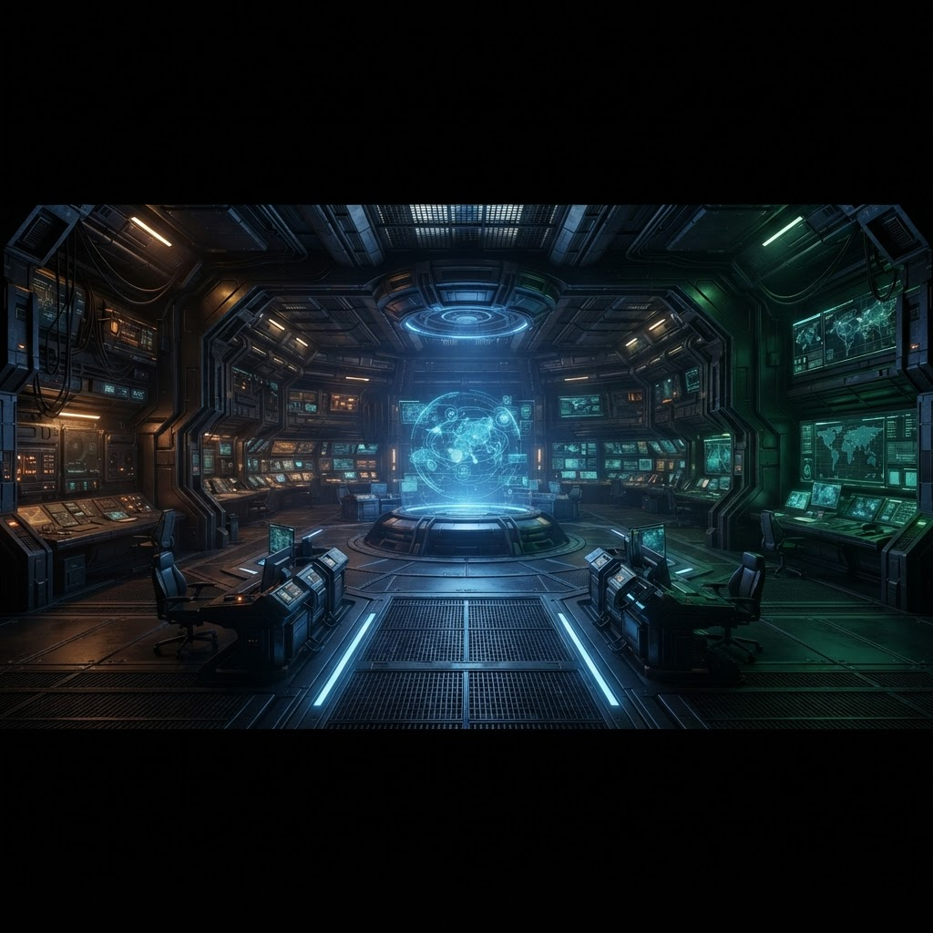 Dark futuristic command room with a central holographic platform